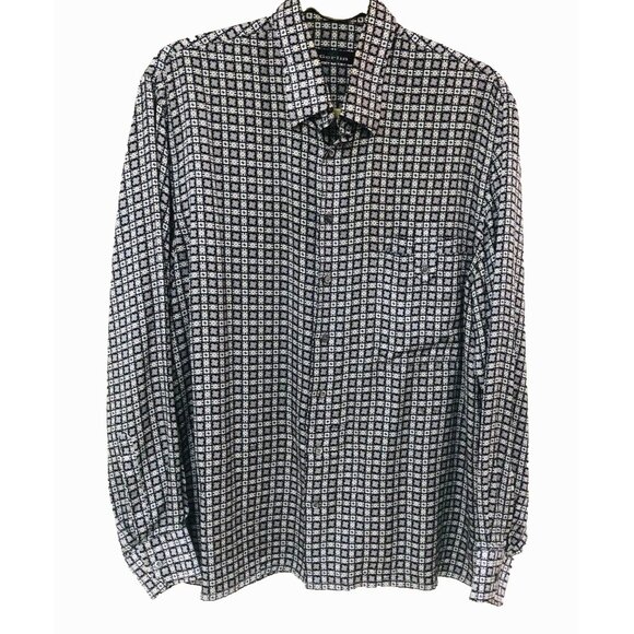 GERLIN Geometric Silk Shirt Men L Italy Button Down Black Gray Business Career - Picture 1 of 9